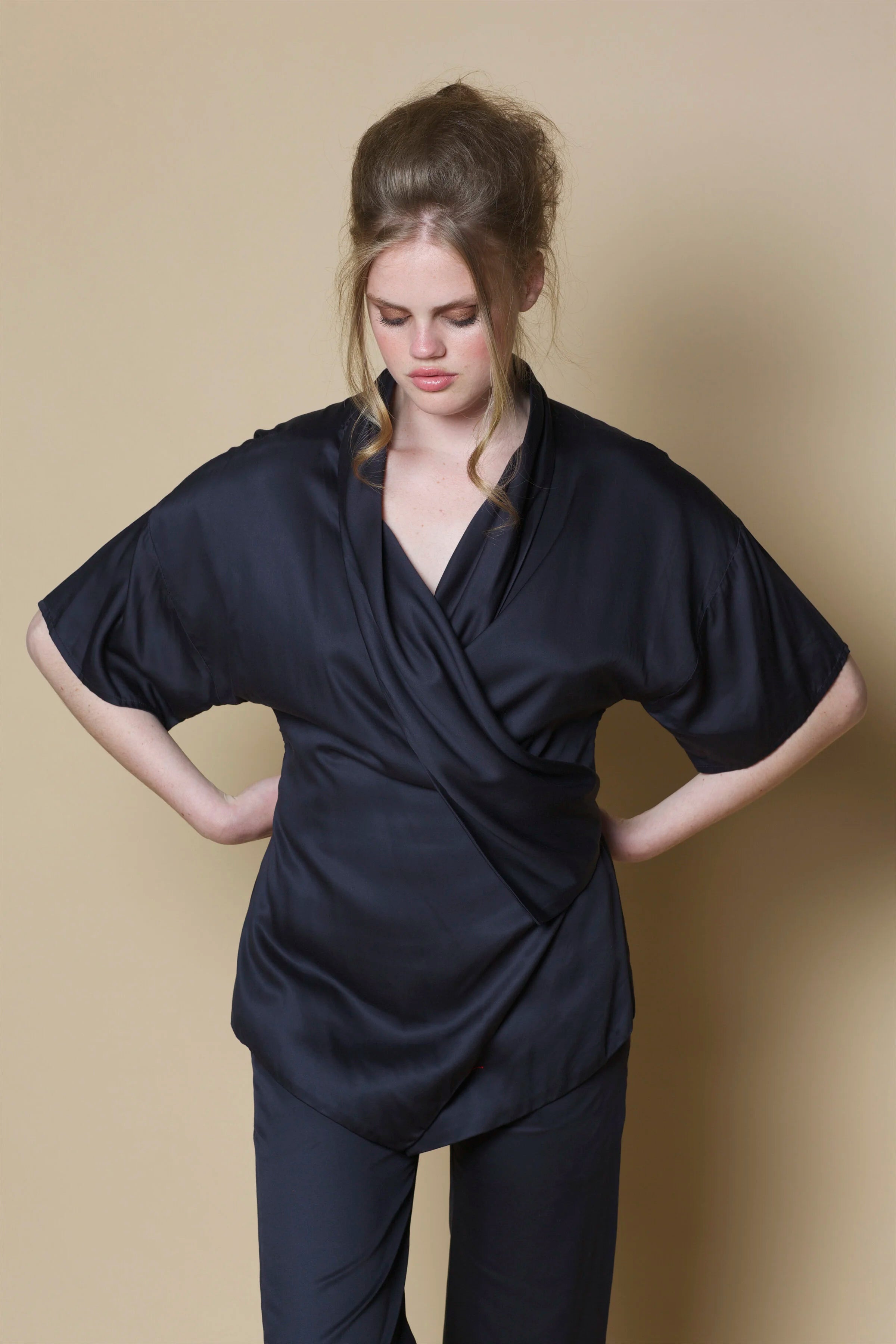 Bamboo Vegan Silk Kimono Wrap Shirt | Black