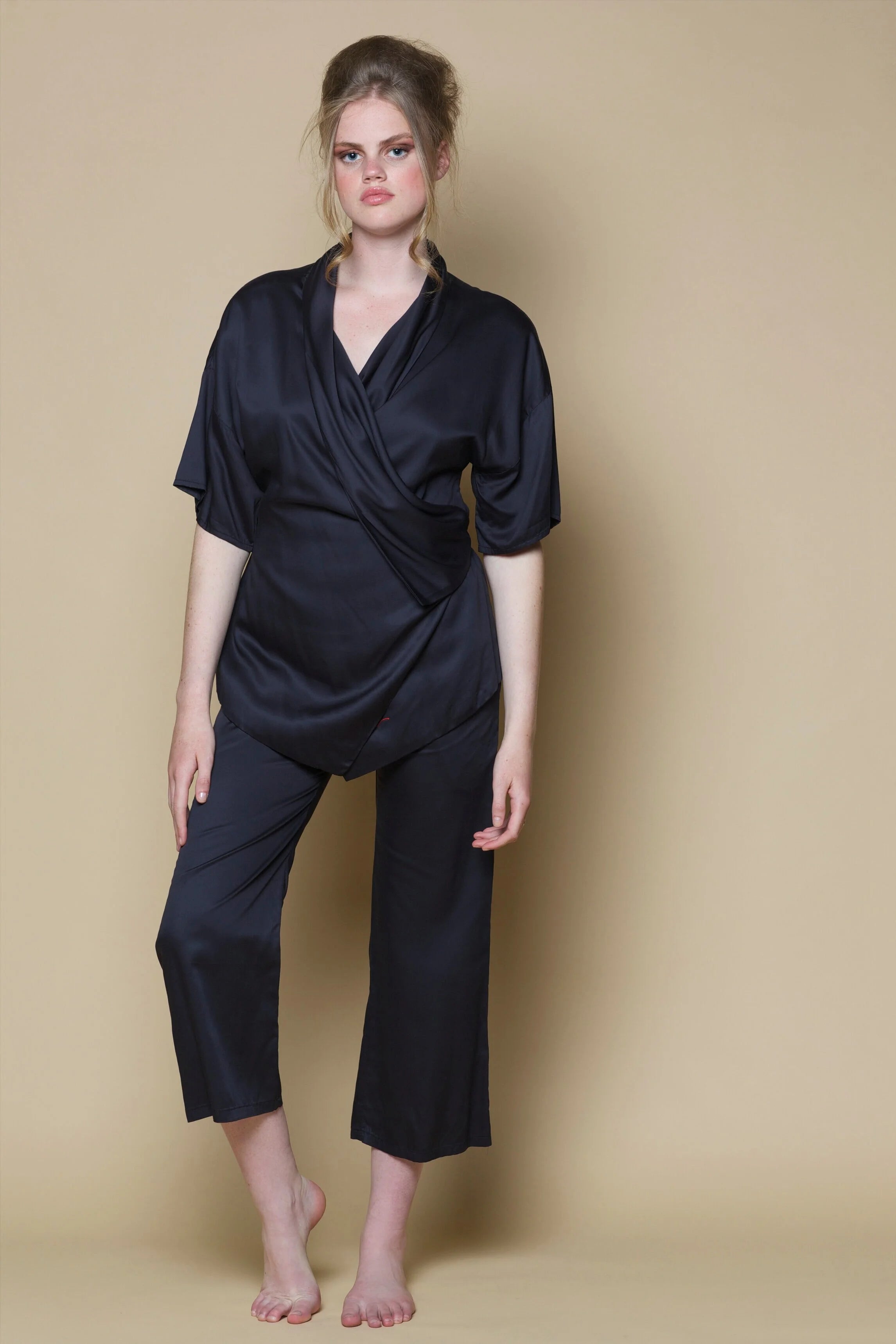Bamboo Vegan Silk Kimono Wrap Shirt | Black