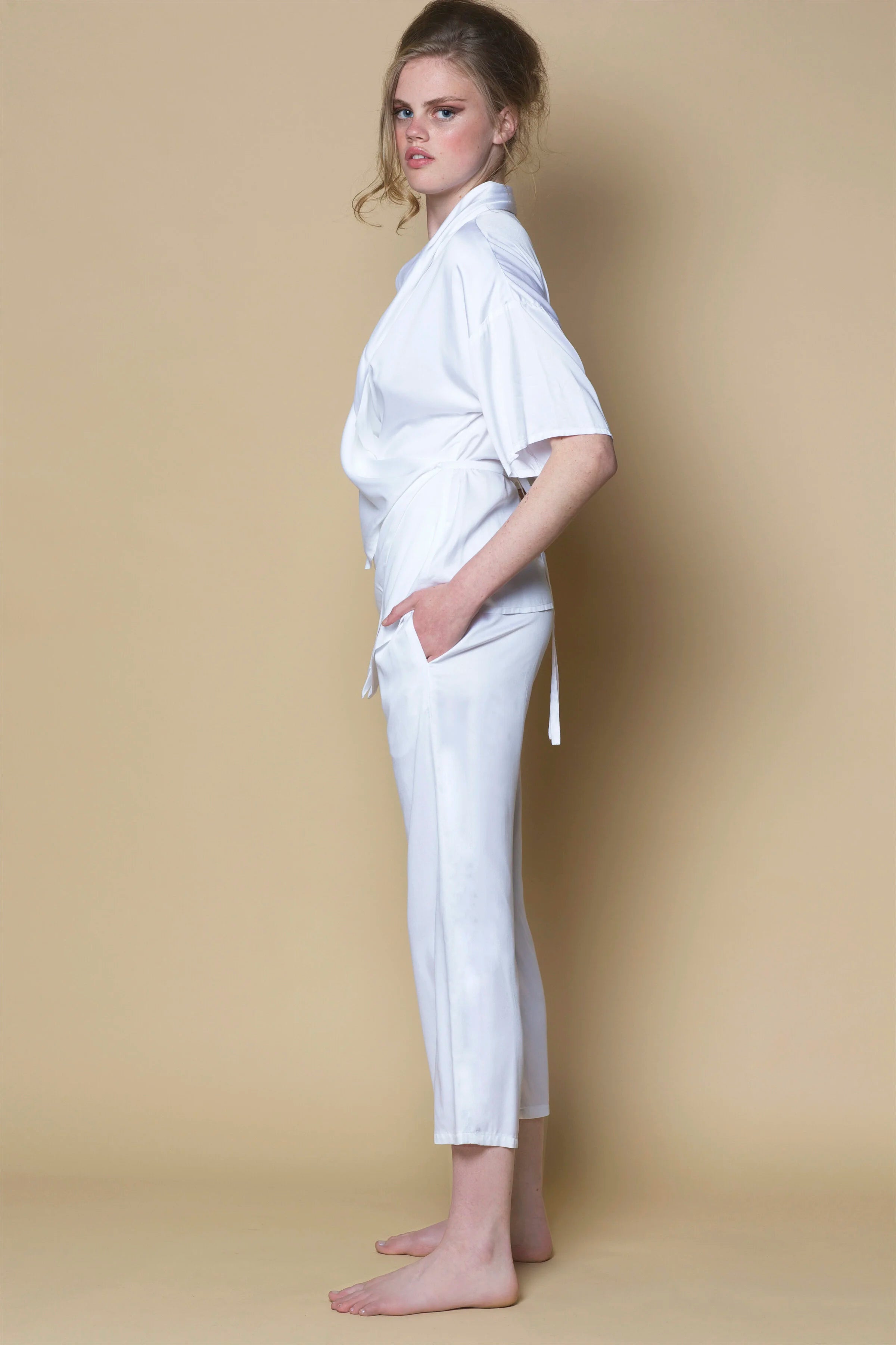 Bamboo Vegan Silk Kimono Wrap Shirt | White