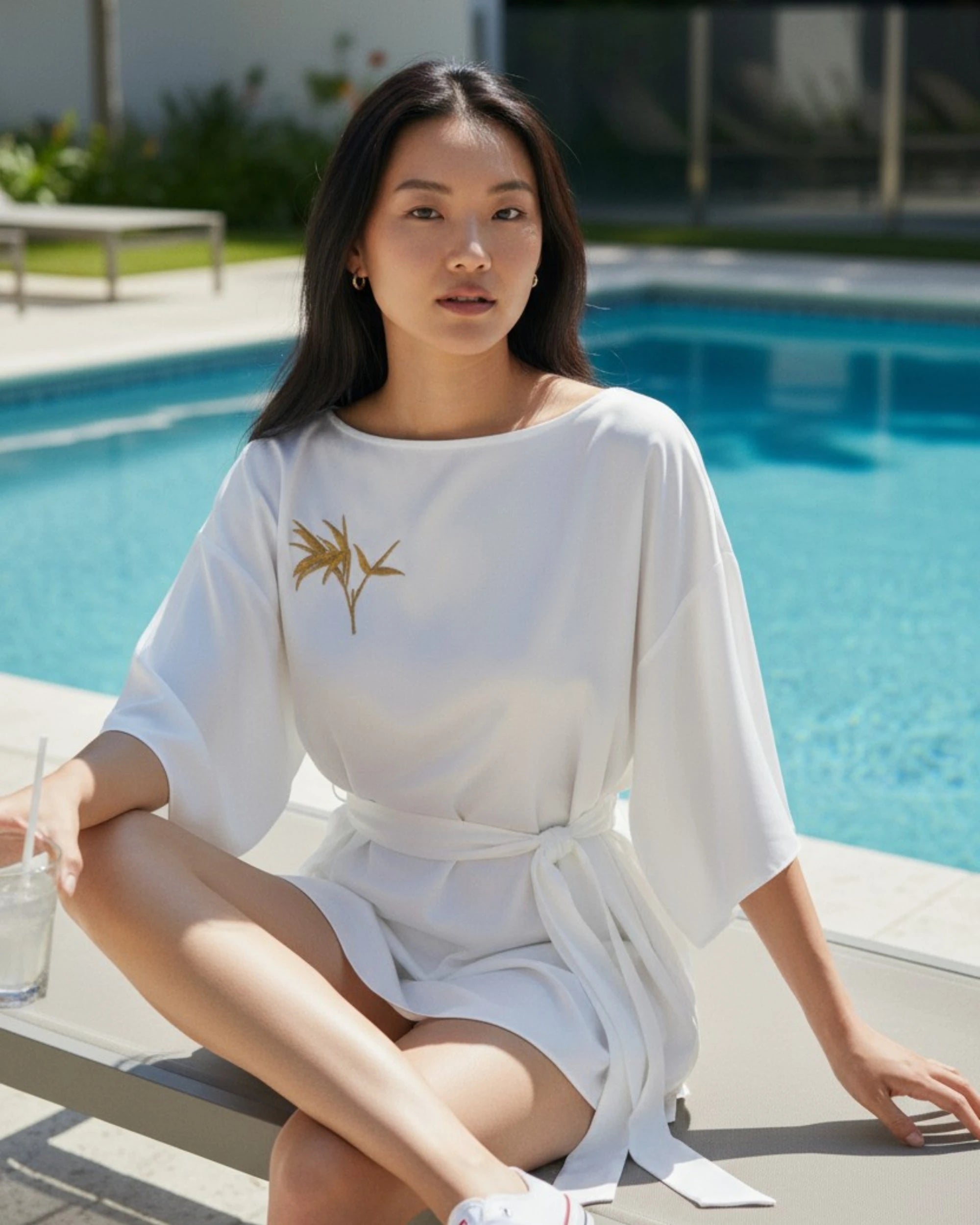 Vegan Silk Embroidered Kimono Tunic Dress | Gold Bamboo