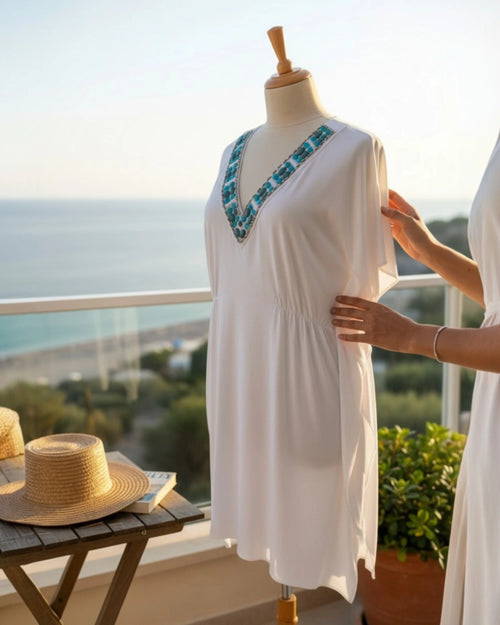 Bamboo Asymmetrical Kaftan with Repurposed Trimmings