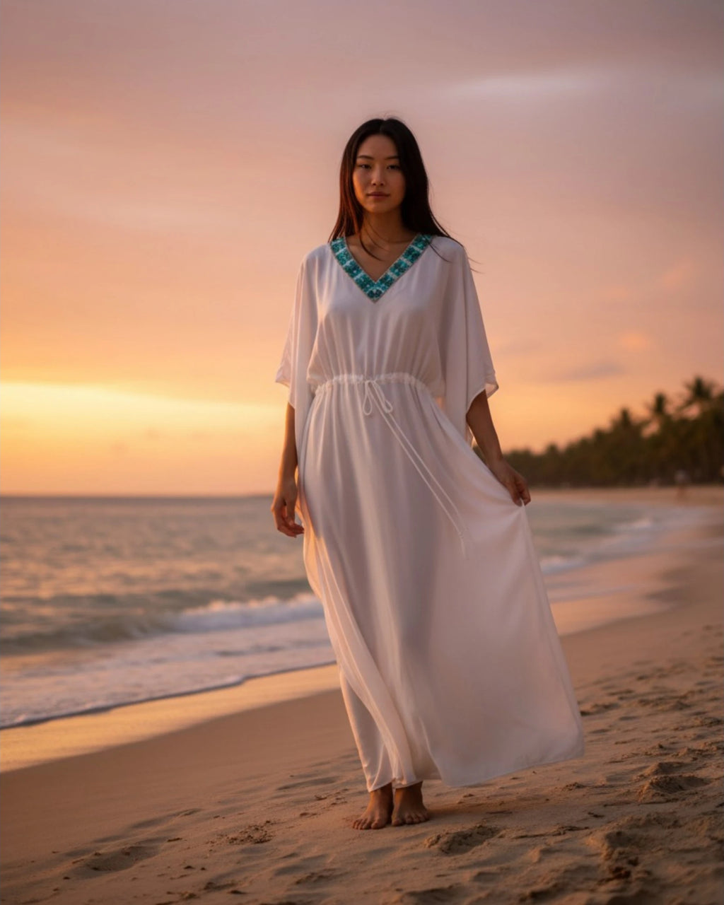 Bamboo Long Kaftan with Repurposed Trimmings | Turquoise