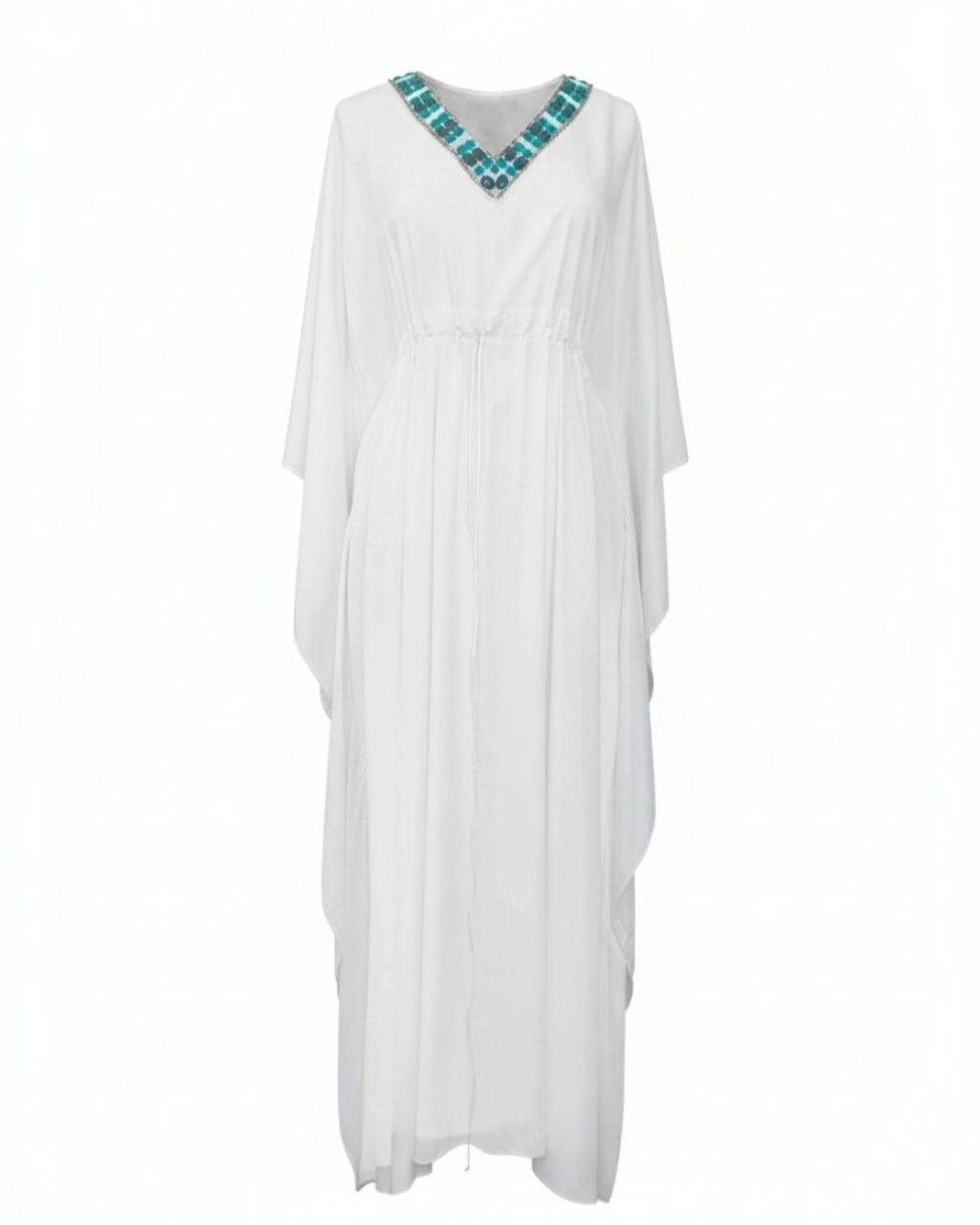 Bamboo Long Kaftan with Repurposed Trimmings | Turquoise