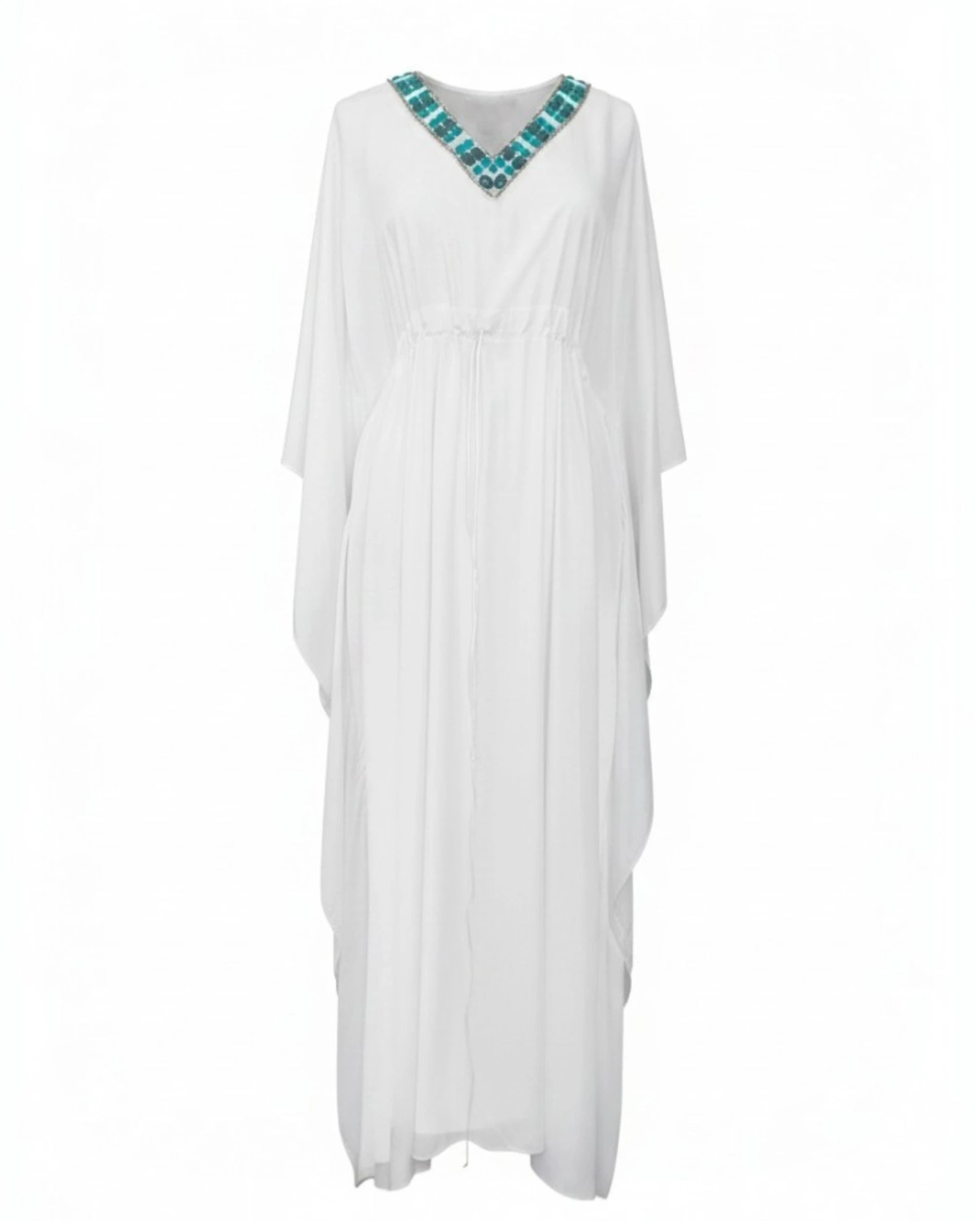 Bamboo Long Kaftan with Repurposed Trimmings | Turquoise
