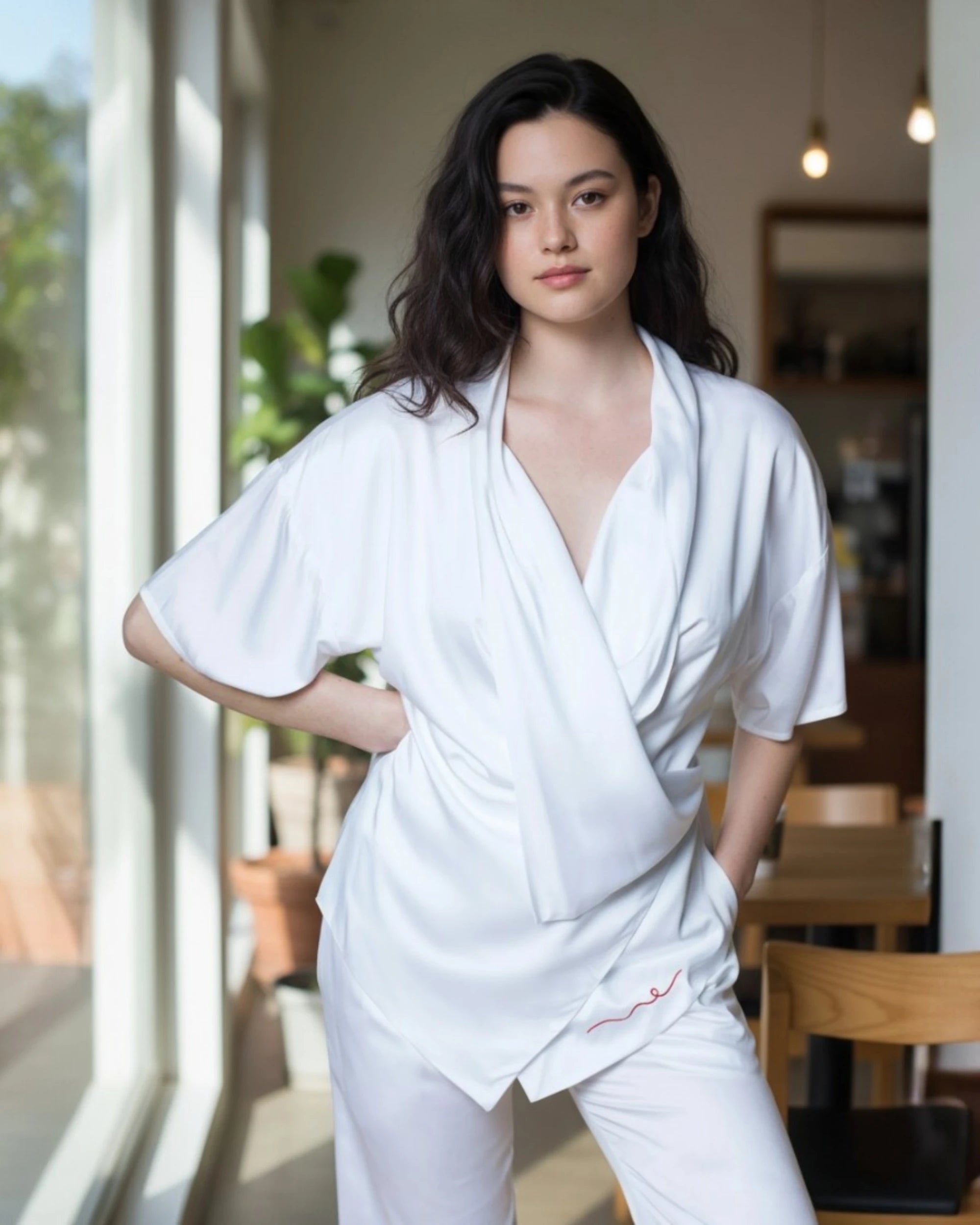Bamboo Vegan Silk Kimono Wrap Shirt | White